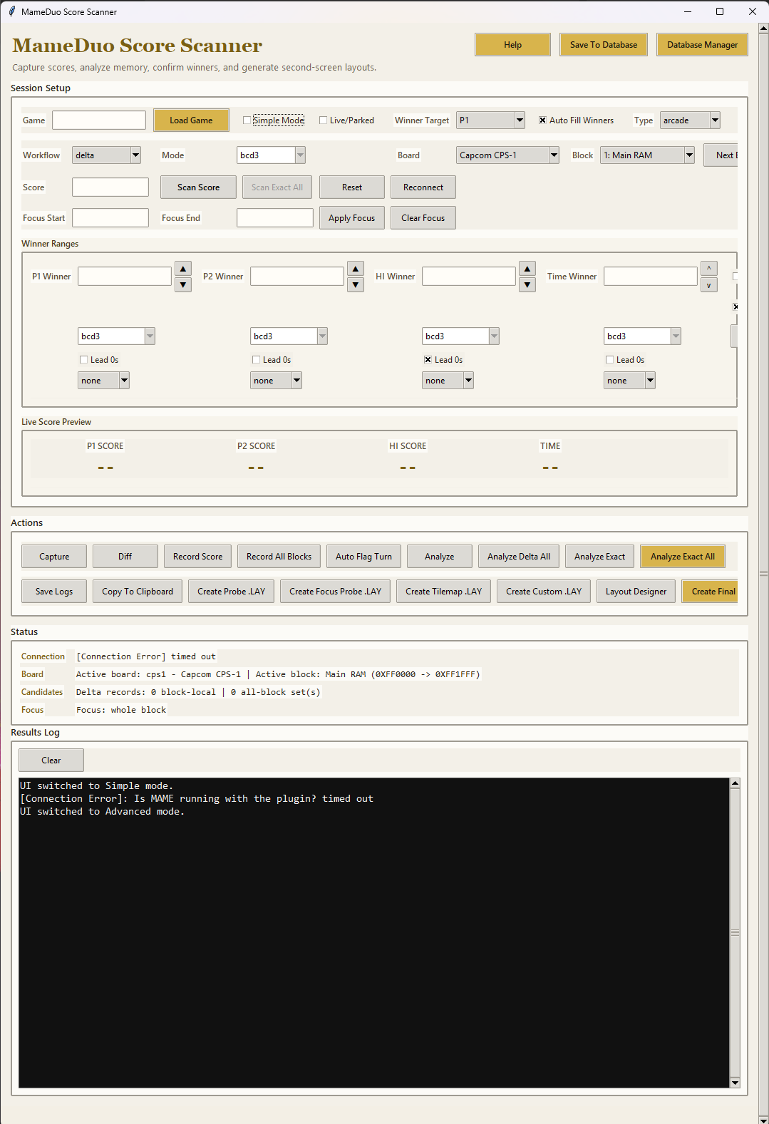 MameDuo Score Scanner menu