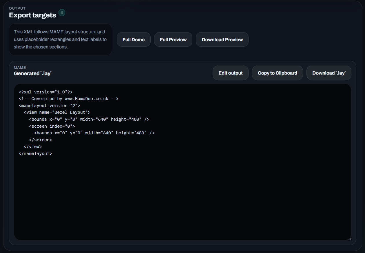 Current output panel in the MameDuo Layout Builder