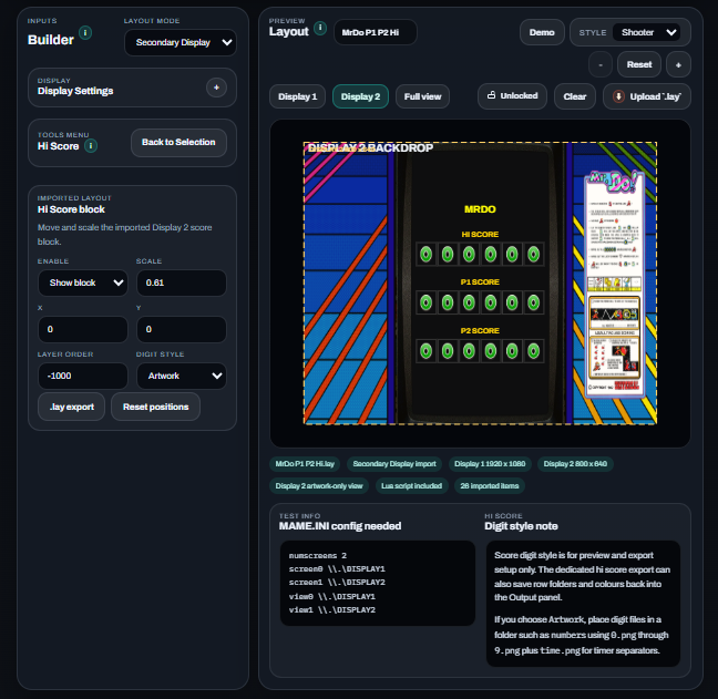 Secondary display hi score workflow in the MameDuo Layout Builder